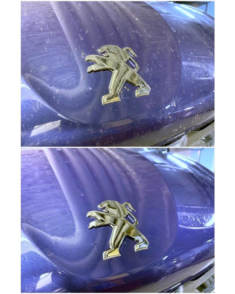 Capot et logo Peugeot avant et après décontamination