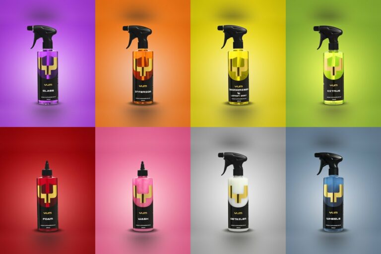 Gamme de produits detailing YUM Cars : Glass, Interior, Deodoriser, Citrus, Foam, Wash, Detailer et Wheels