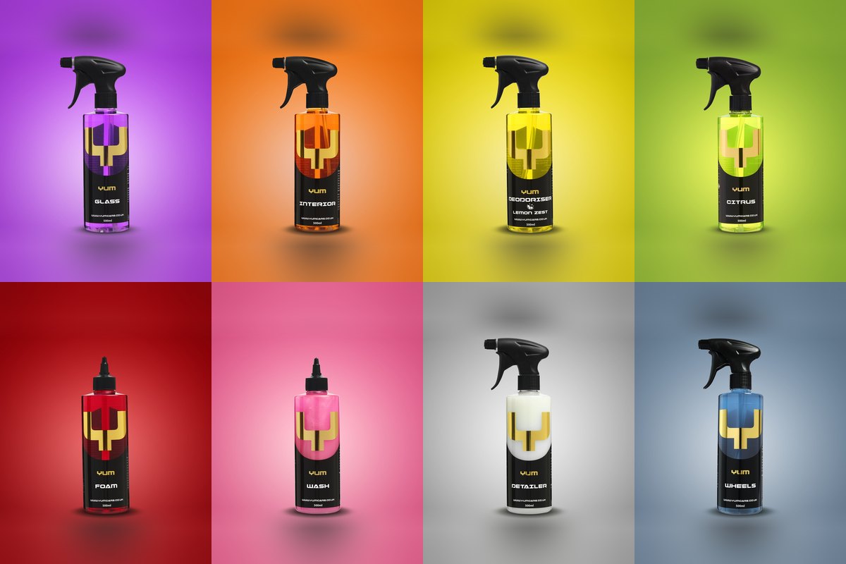 Gamme de produits detailing YUM Cars : Glass, Interior, Deodoriser, Citrus, Foam, Wash, Detailer et Wheels